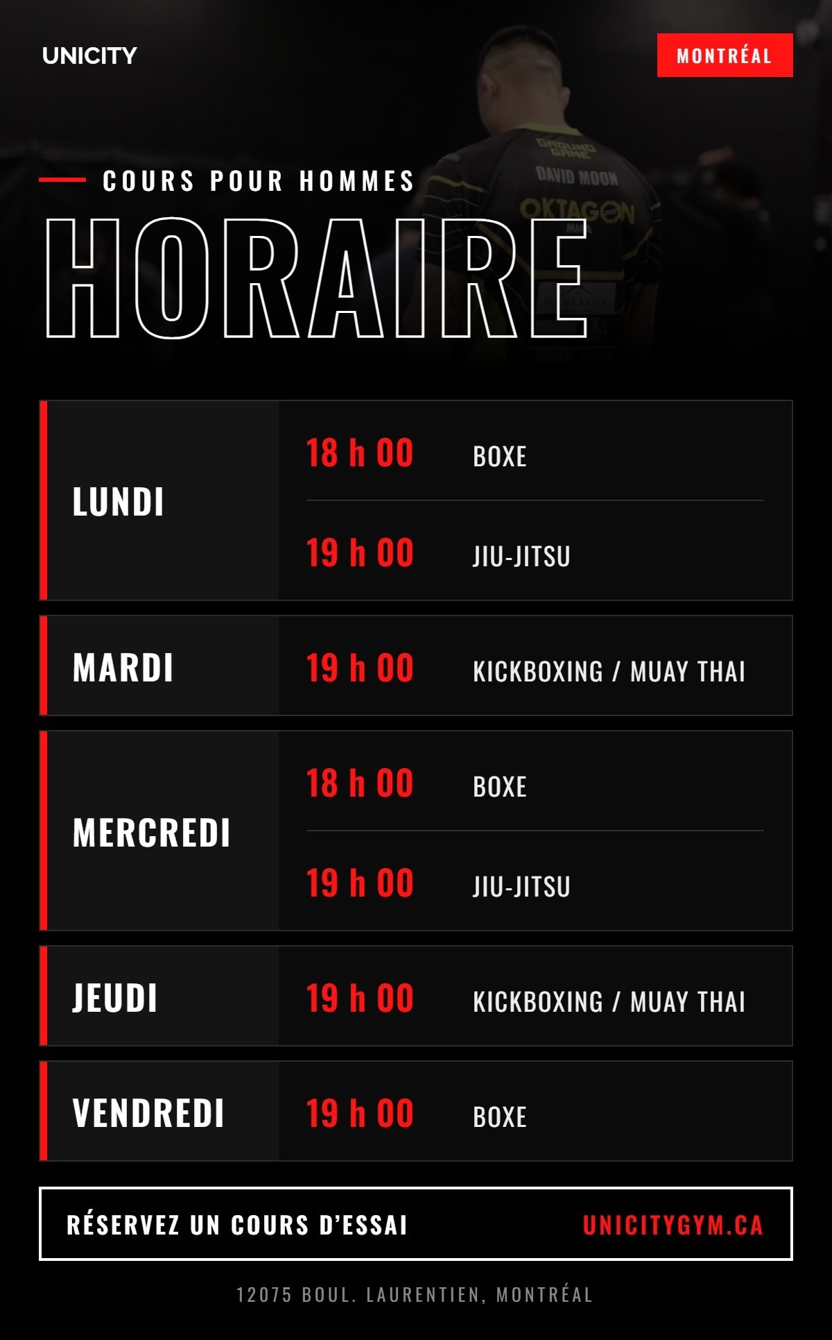 Horaire des cours pour hommes