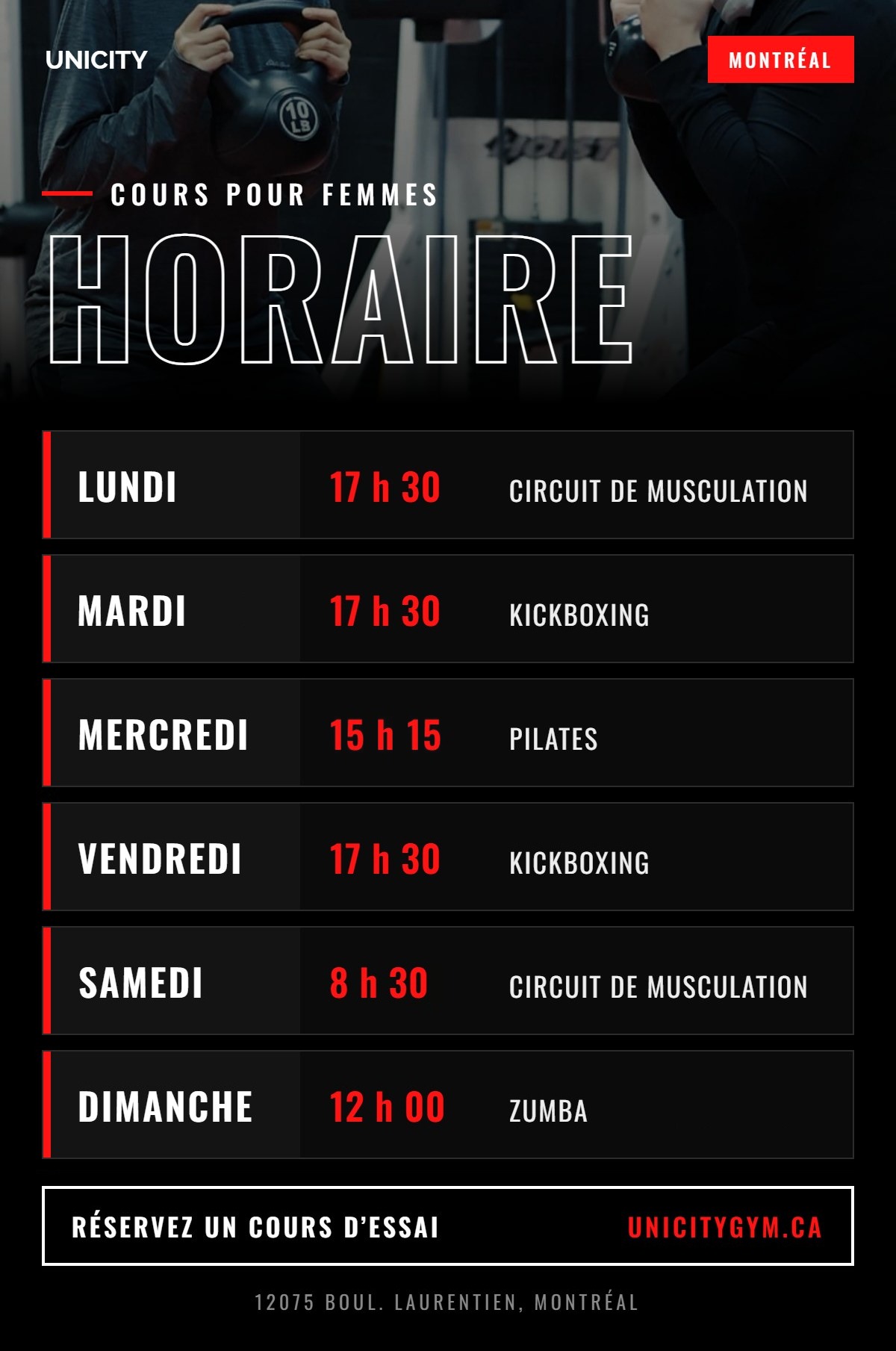 Horaire des cours pour femmes